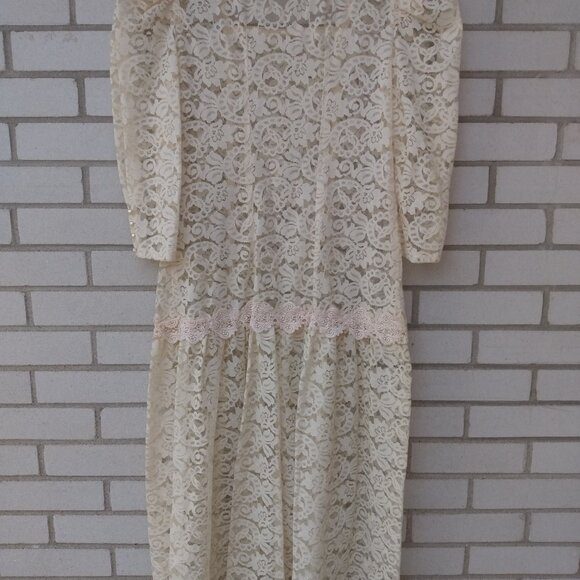 Vintage Ivory Sheer Lace Dress by Holt Renfrew Long Sleeves Drop Waist 37"B 34"W - Picture 10 of 13